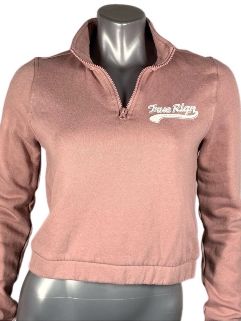 True Religion | Flock Mock Neck Quarter-Zip Pullover Light Pink Sweatshirt - Picture 2 of 12